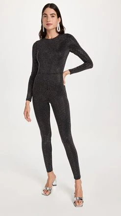 Cheap ???? Alice + Olivia Freddie Crewneck Embellished Catsuit Black/Silver ????